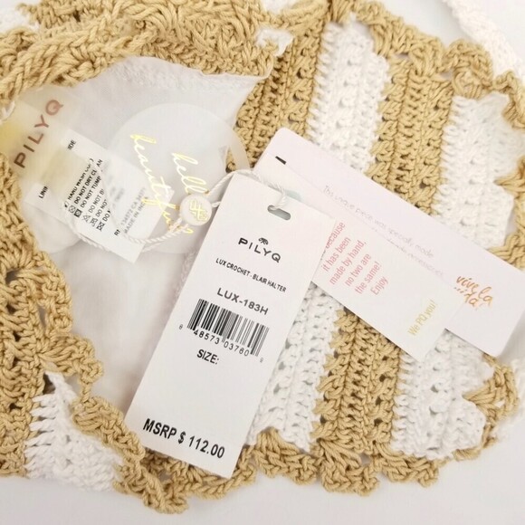 NWT PQ Swim Blair Knit Crochet Halter Bikini Top Tan Brown White Stripe XL Boho - Picture 6 of 6